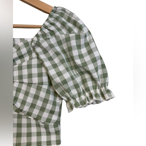 SHEIN Green & White Gingham Print Twist Front Puff Sleeve Crop Top Size 11-12Y☀️ - Picture 7 of 17